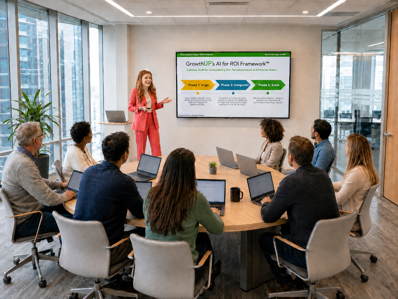 Abigail Merrill leading a live AI workshop, teaching the AI for ROI Framework to a team in a boardroom